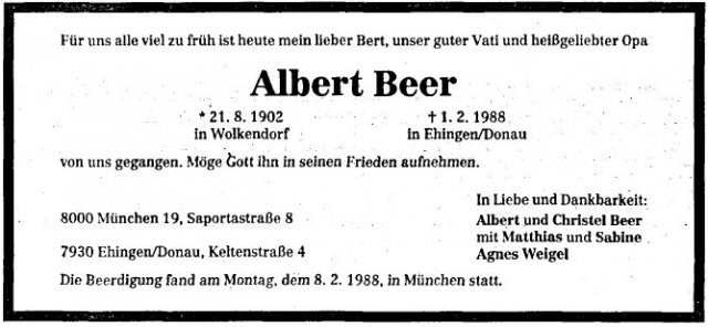 Beer Albert 1902-1988 Todesanzeige